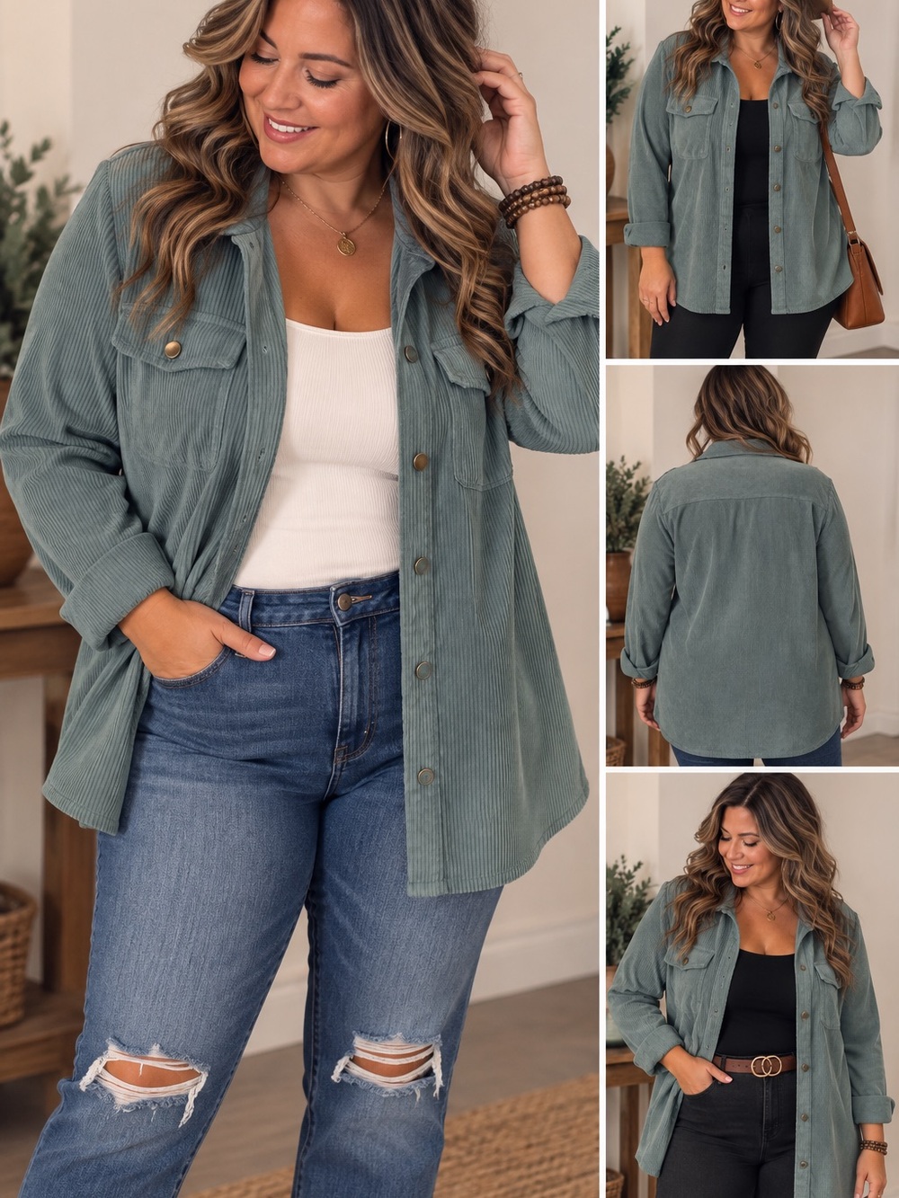 Relaxed Corduroy Button-Front Jacket in Sage Green
